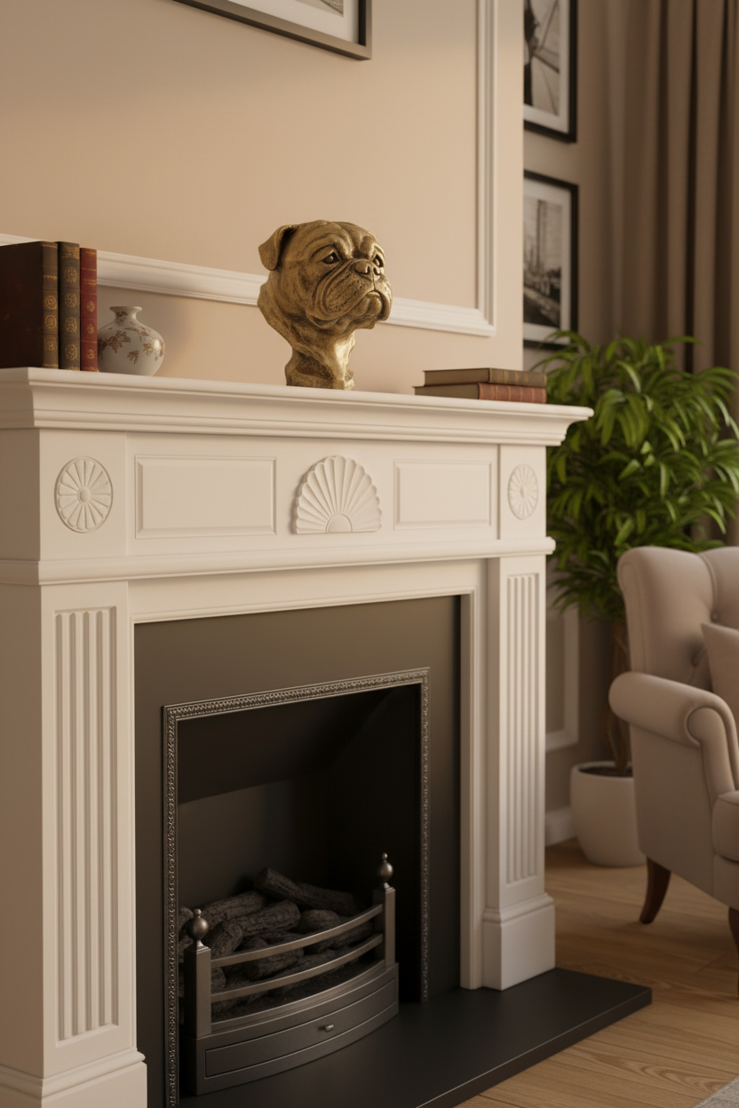 A white decorative fireplace mantel in a styled living room, with a bronze bulldog bust sculpture on top, books, a small vase, framed wall art, a potted plant, and part of a beige armchair visible.