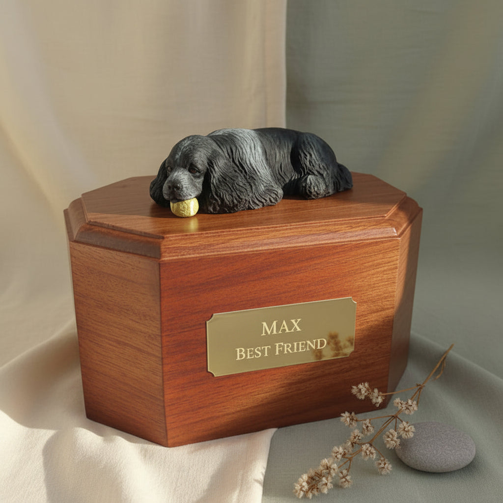 Wooden pet urn with a small cocker dog figurine on top, placed on a table.