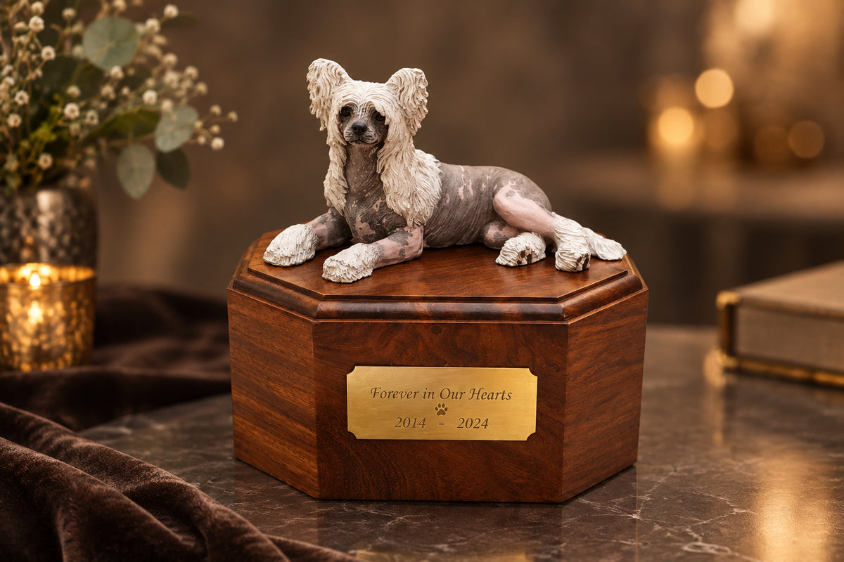 A small figurine of a gray and white chinese crested dog lying on a hexagonal wooden box urn with a gold plaque, placed on a patterned cream tablecloth next to a green potted plant.