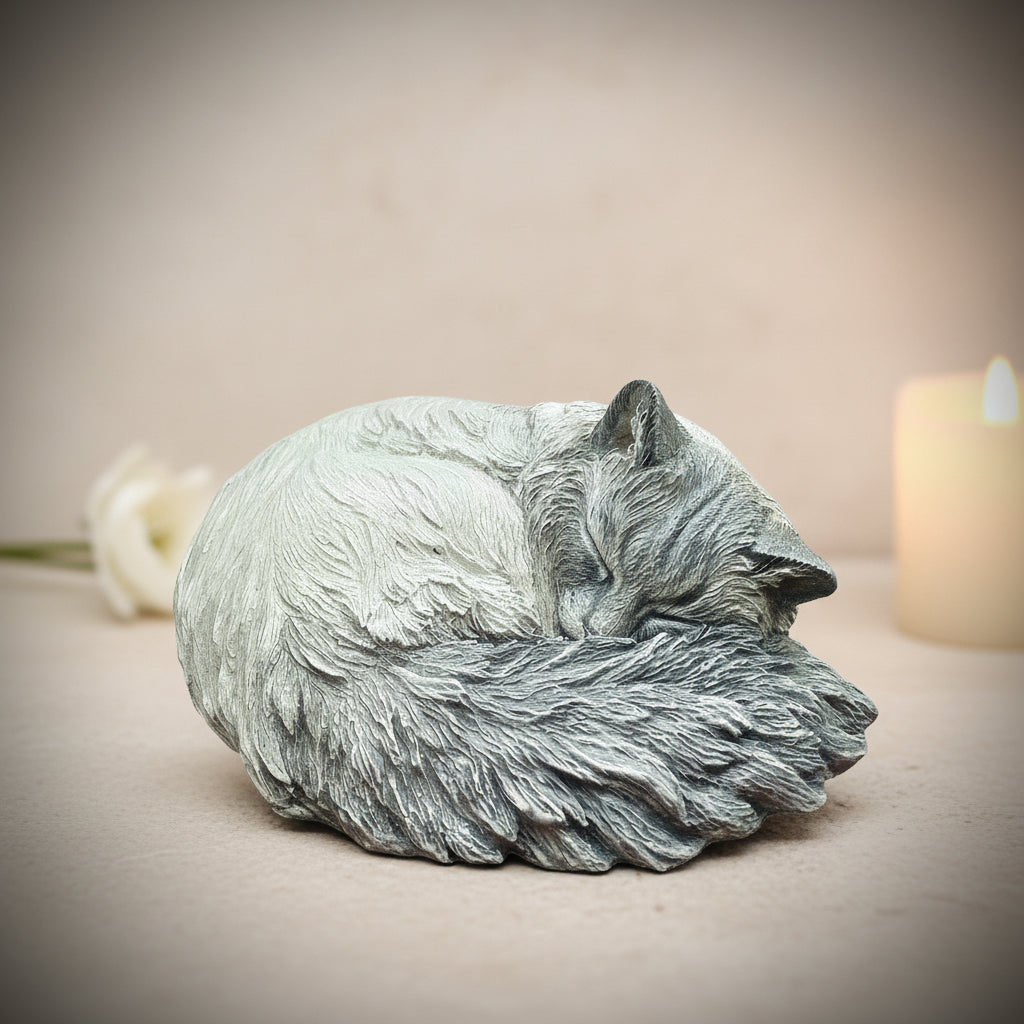 Statue of a sleeping blue tabby seal point cat on a wooden surface with a blurred green background